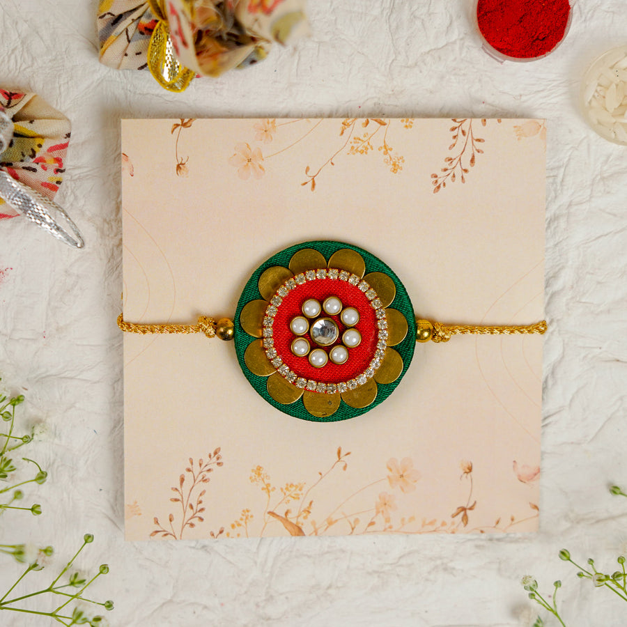 Handmade Mandala Kundan Flower Rakhi With Roli Chawal - Front View on Display Card