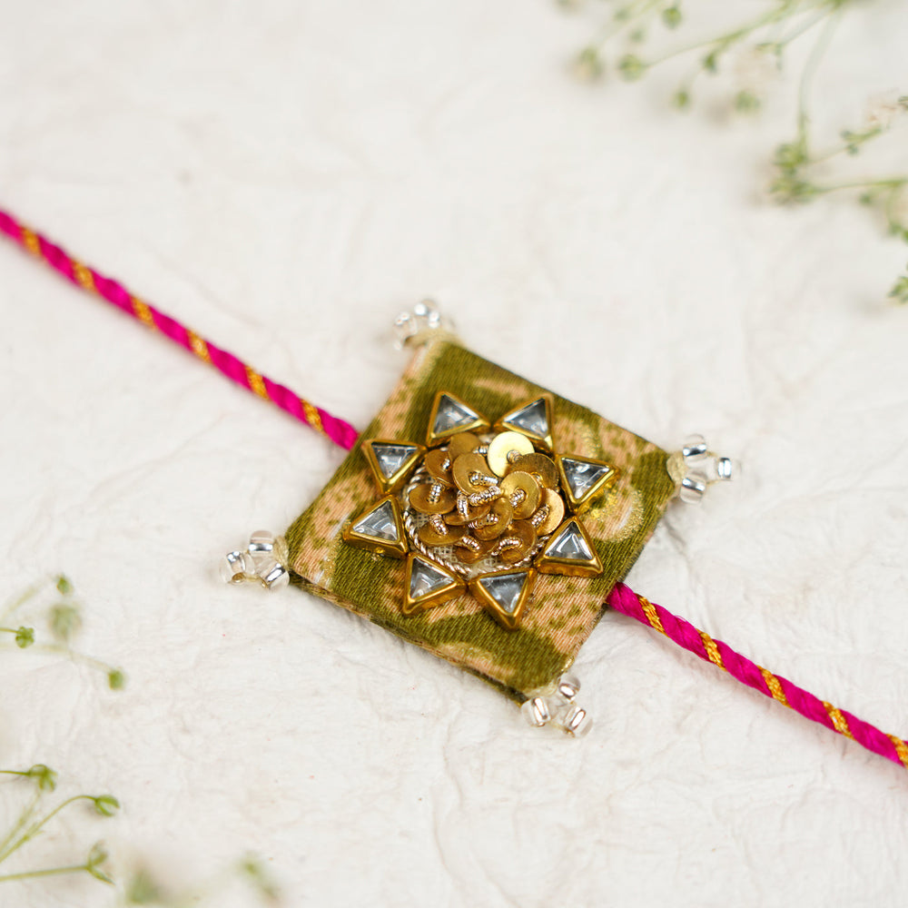Handmade Sequin Embroidery Kundan Bhaiya Bhabhi Rakhi With Roli Chawal Set Of 2 - Close-up of Single Rakhi Thread