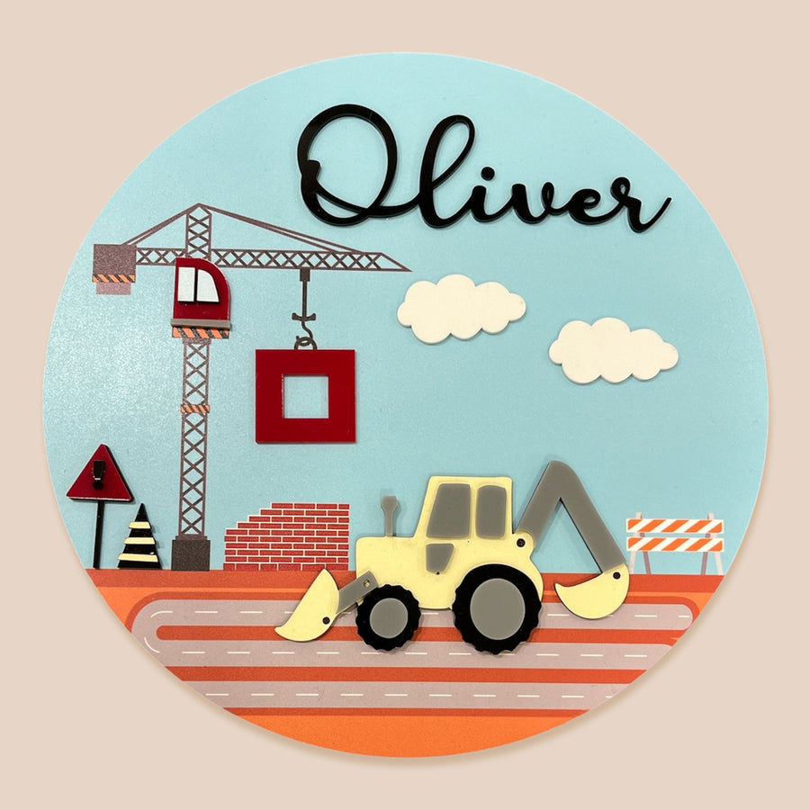 Personalized Construction Theme Acrylic Kids Name Plate - Front View with Name Personalization