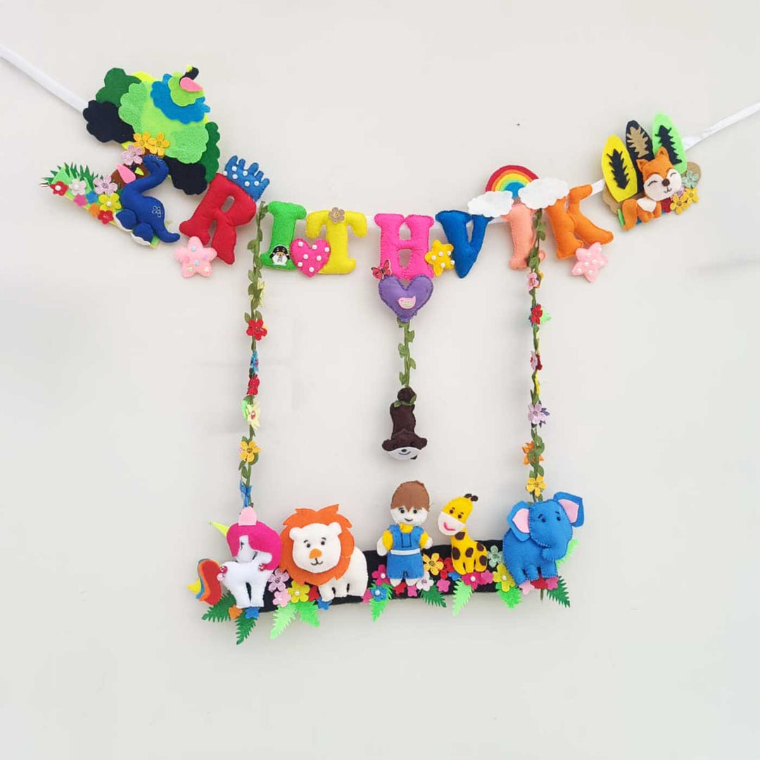 Personalized Jungle Theme Felt Kids Name Plate - Hanging Name Garland with Characters