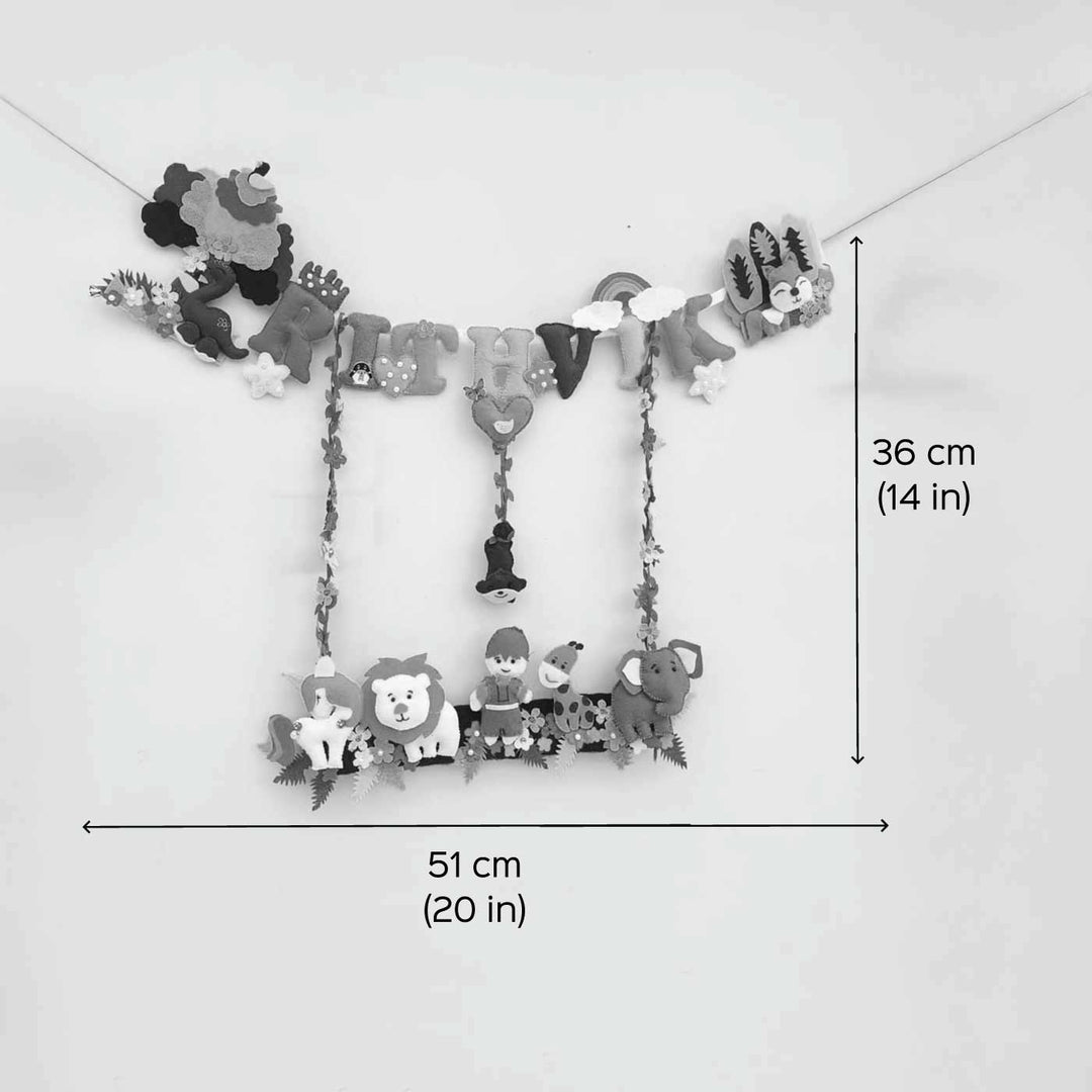 Personalized Jungle Theme Felt Kids Name Plate - Dimension Chart with Hanging Display