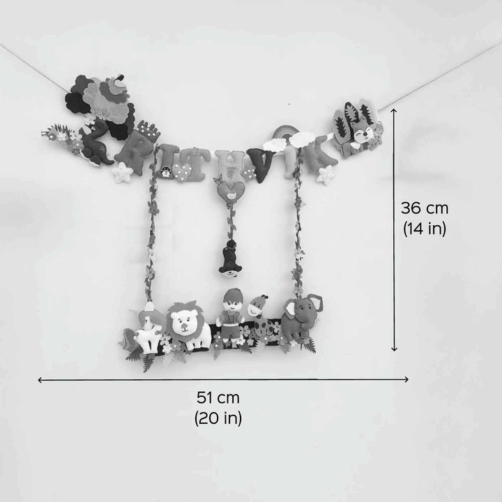 Personalized Jungle Theme Felt Kids Name Plate - Dimension Chart with Hanging Display