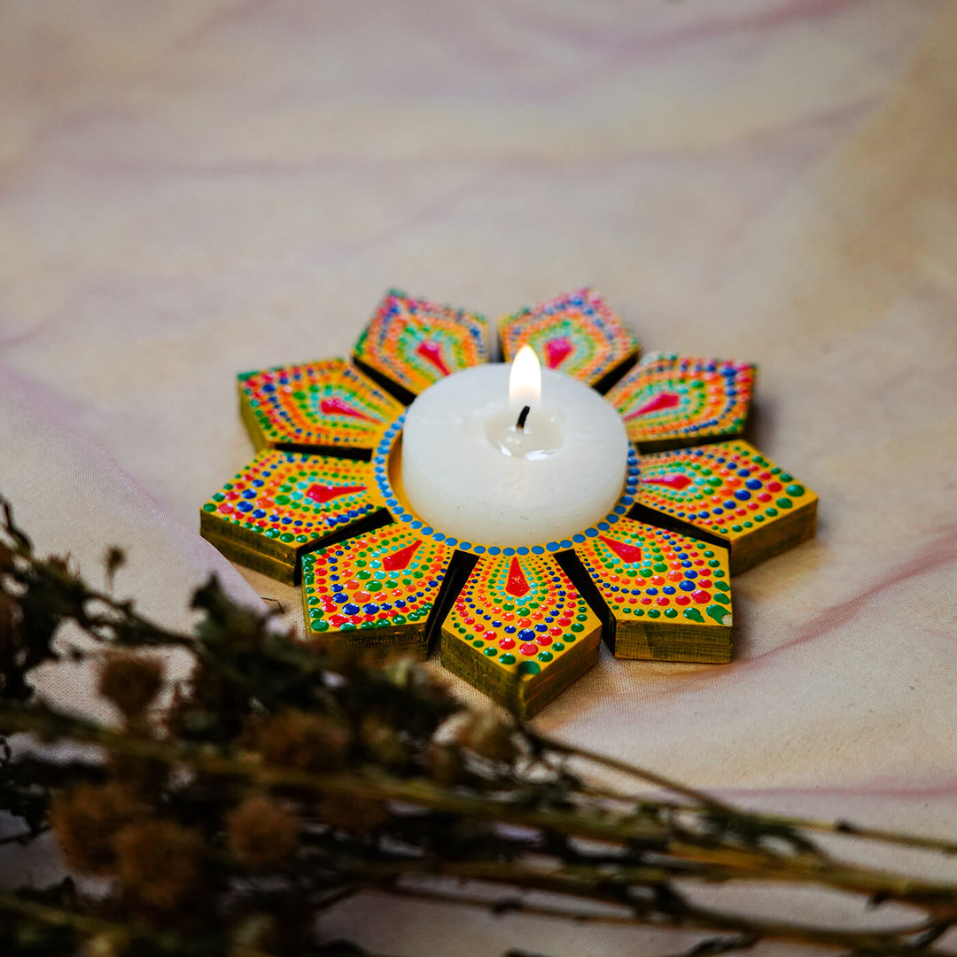 Geometric Flower Design Dot Art Festive Tealight Holder | Set of 2