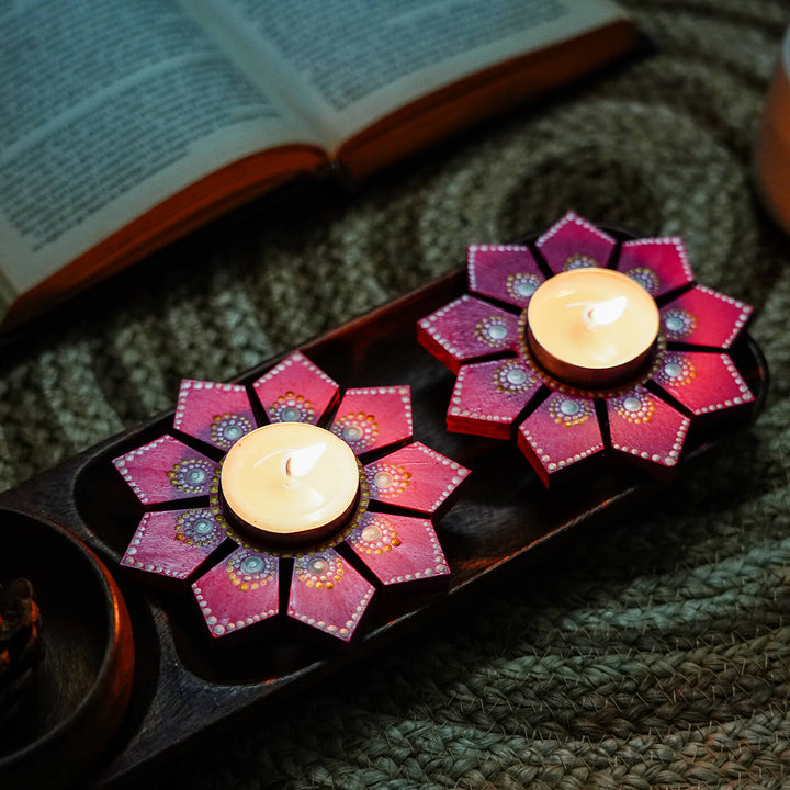 Geometric Flower Design Dot Art Festive Tealight Holder | Set of 2