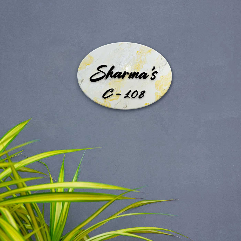Personalized Resin Black And Golden Marble Theme Name Plate - Mounted on Exterior Wall