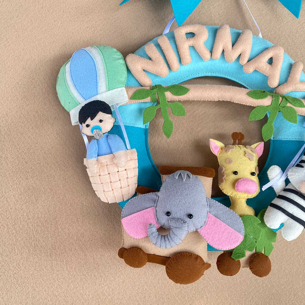 Personalized Kids Jungle Themed Round Felt Nameplate - Close-up of Hanging Name Decoration