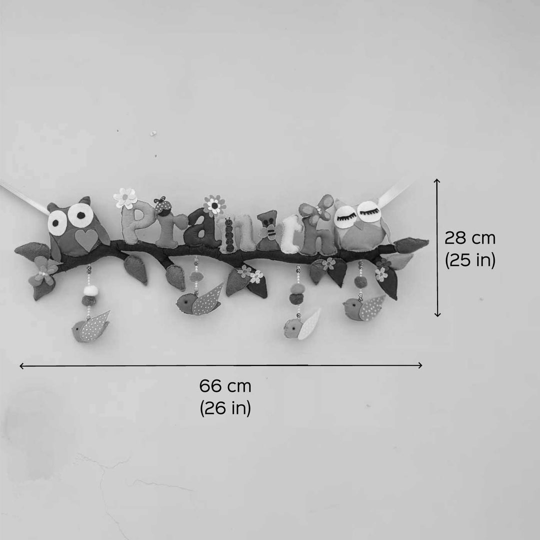 Personalized Owl Theme Felt Kids Name Plate - Dimension Chart with Hanging Display