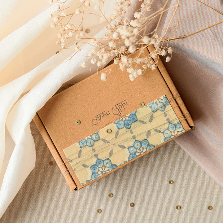 Handmade Reusable Layered Petal Beads Upcycled Fabric Rakhi With Roli Chawal For Brother Set Of 2 - Decorative Packaging Box Top View