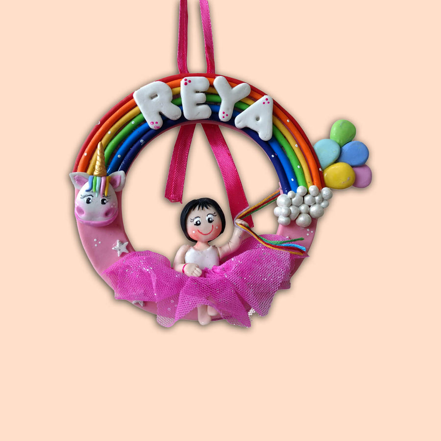 Personalised Rainbow Unicorn Wall Hanging For Girls - Front View with Name Personalization