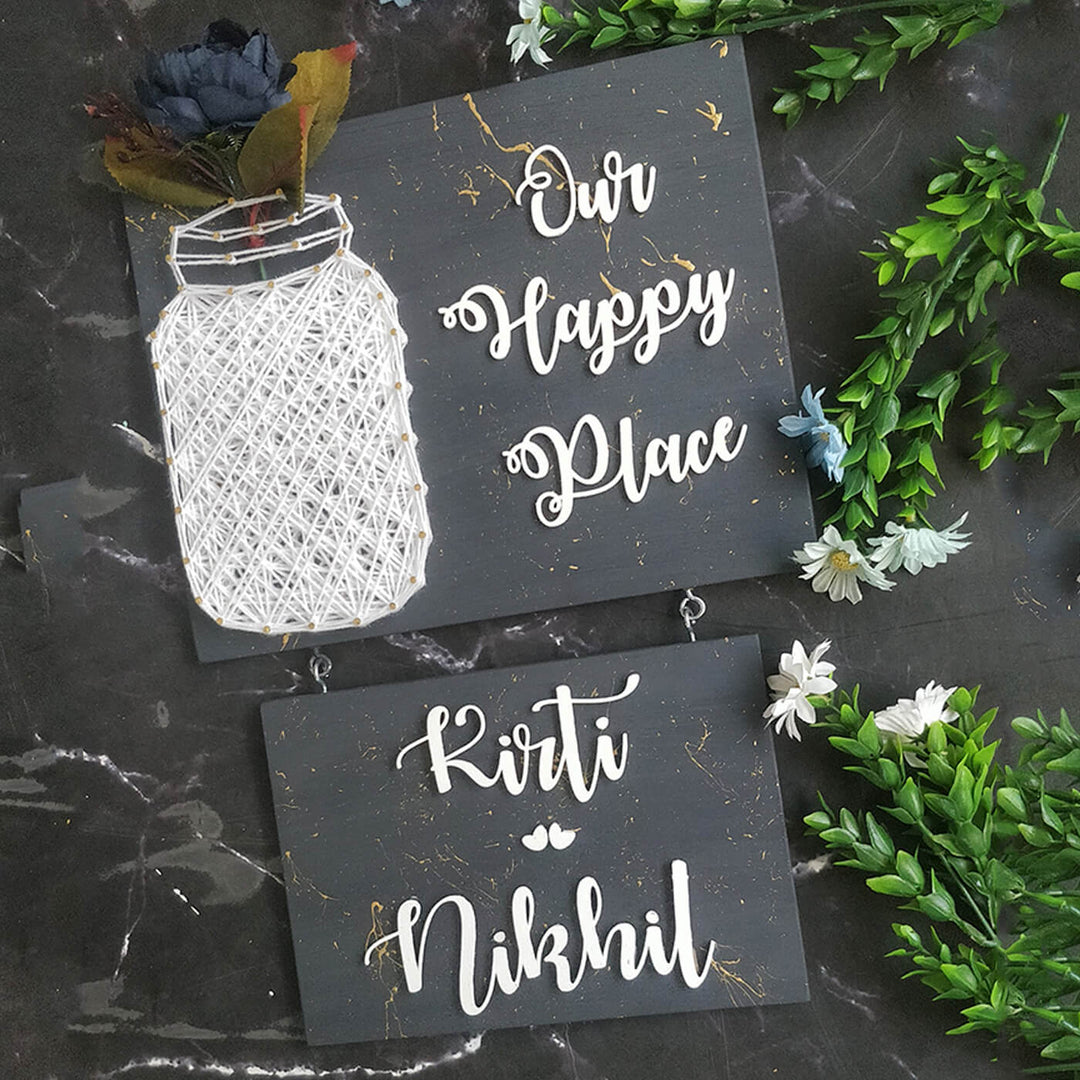 "Our Happy Place" Mason Jar String Art Personalised Name Plate