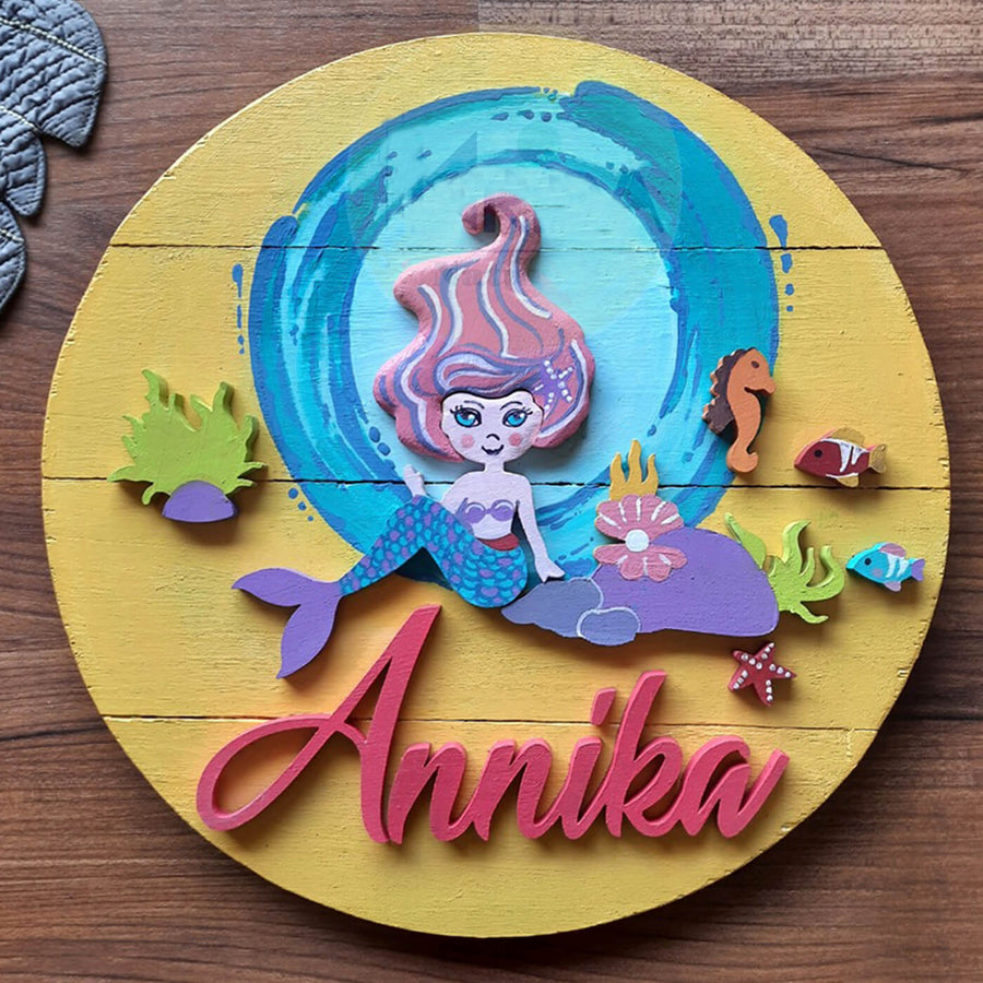 Hand Painted Personalized Mermaid Themed Wooden Name Plate - Front View with Name Personalization
