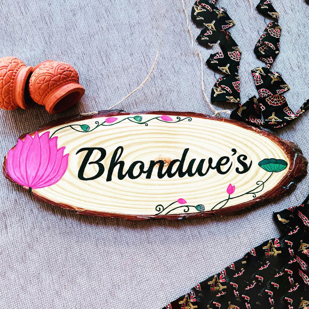 Handcrafted Personalized Lotus Oval Pinewood Name Plate - Top View with Name Personalization