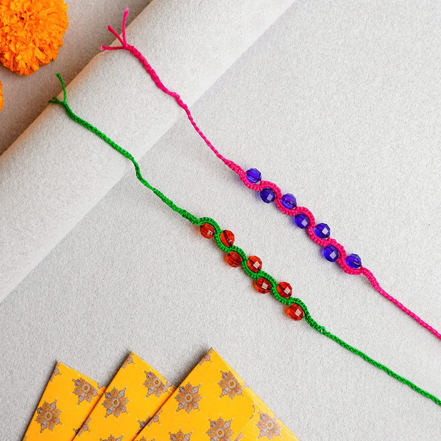 Handcrafted Macrame Zig Zag Rakhi With Beads 1 - Top View with Decorative Setup