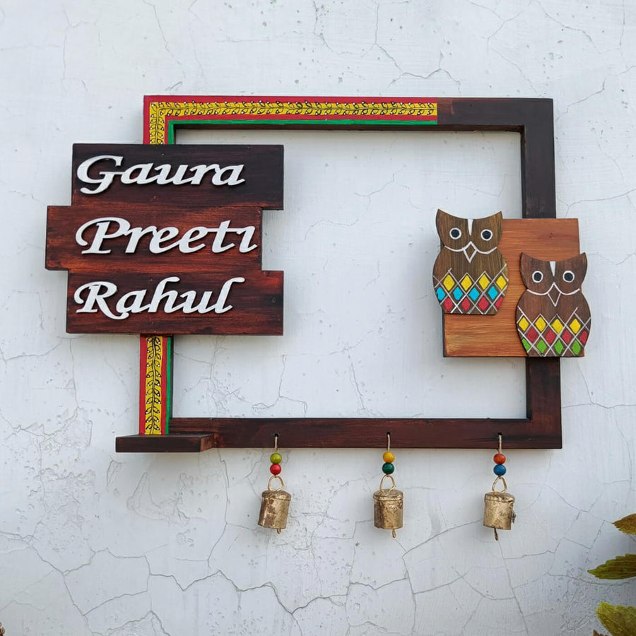 Hand Painted Personalized Madhubani Art Name Plate - Front View Hanging on Wall