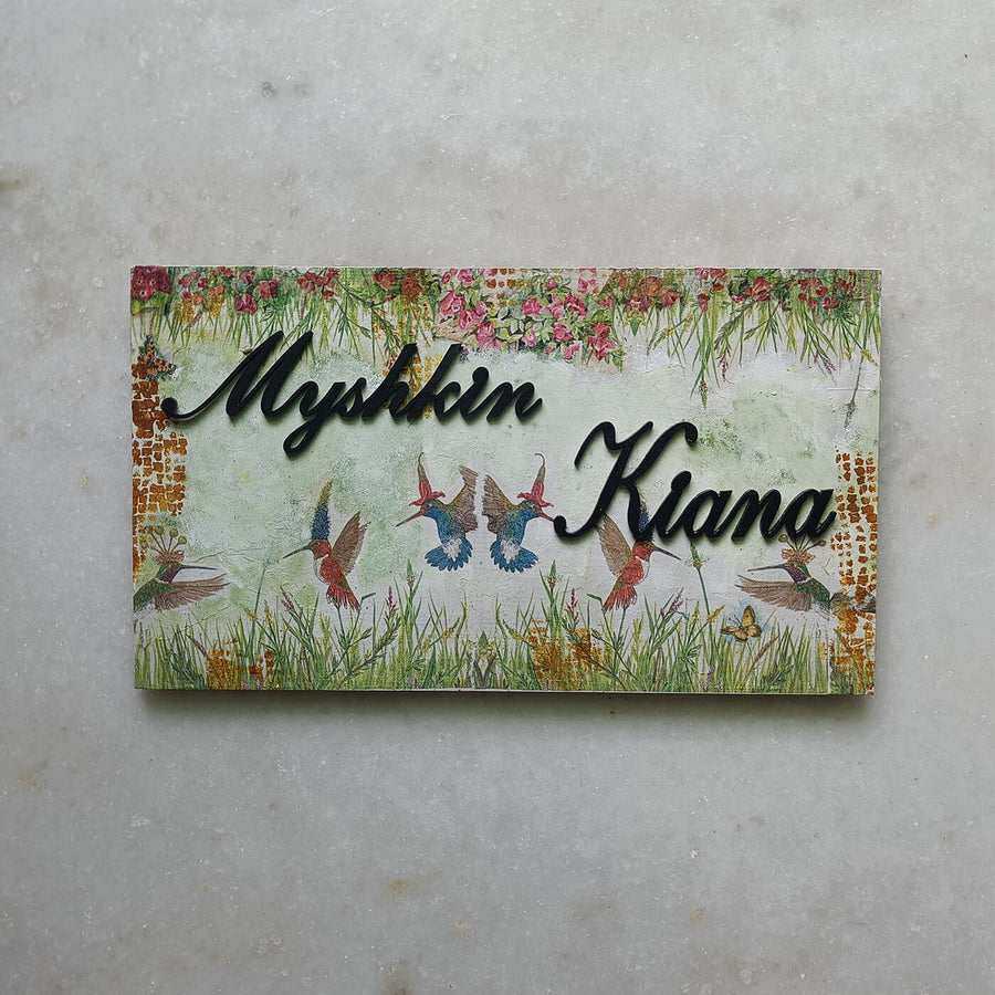 Handcrafted Personalized Decoupage Art Name Plate - Front View with Name Personalization