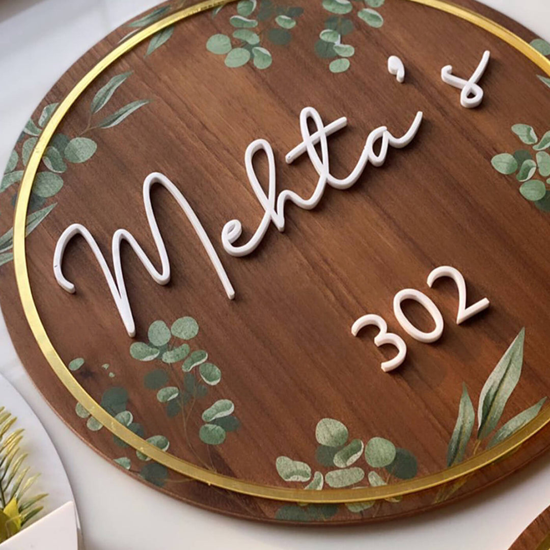 Personalised Floral Round Nameplate - Close-up of Name and Number Personalization