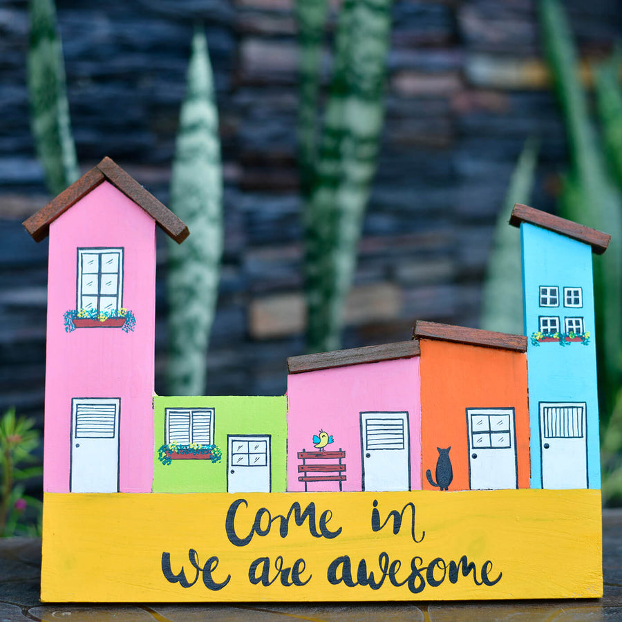 Personalised Handpainted House Shaped Name Plate - Front View on Outdoor Surface