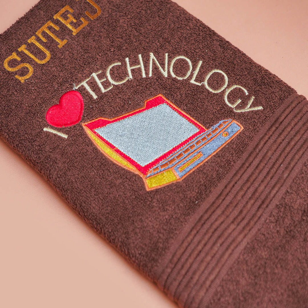 Embroidered Personalized Egyptian Cotton Kids Towel - I Love Technology