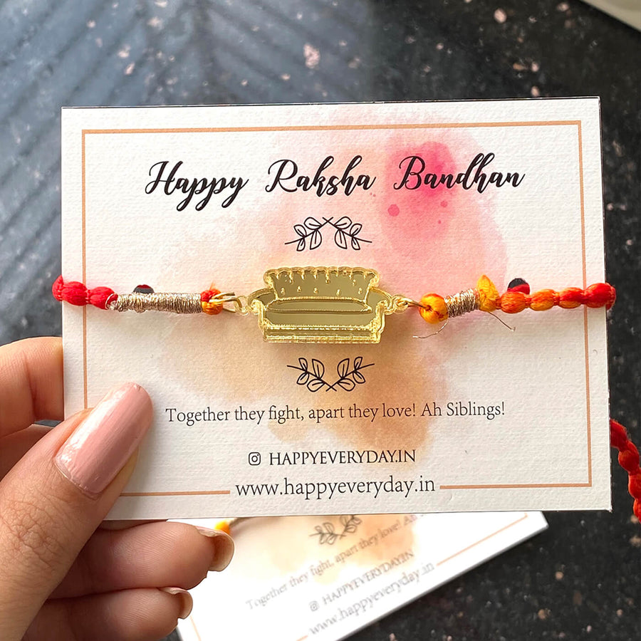 Handcrafted Golden Acrylic Rakhi With Roli Chawal 7 - Front View with Card