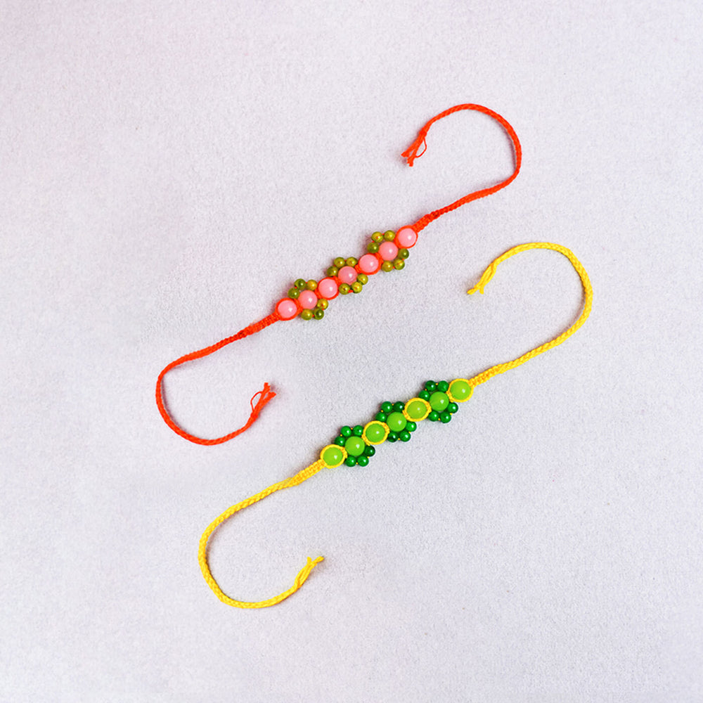 Handcrafted Macrame Floral Rakhi With Beads 1 - Flat Lay with Tied Ends