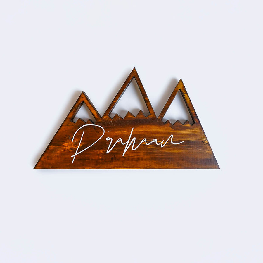 Handpainted Mountain Wooden Kids Name Plate - Front View with Name Personalization