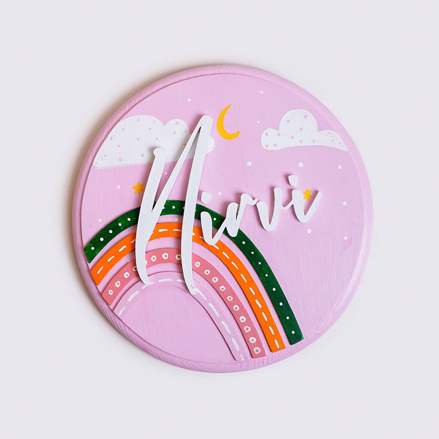 Handpainted Rainbow Wooden Kids Name Plate - Front View with Name Personalization