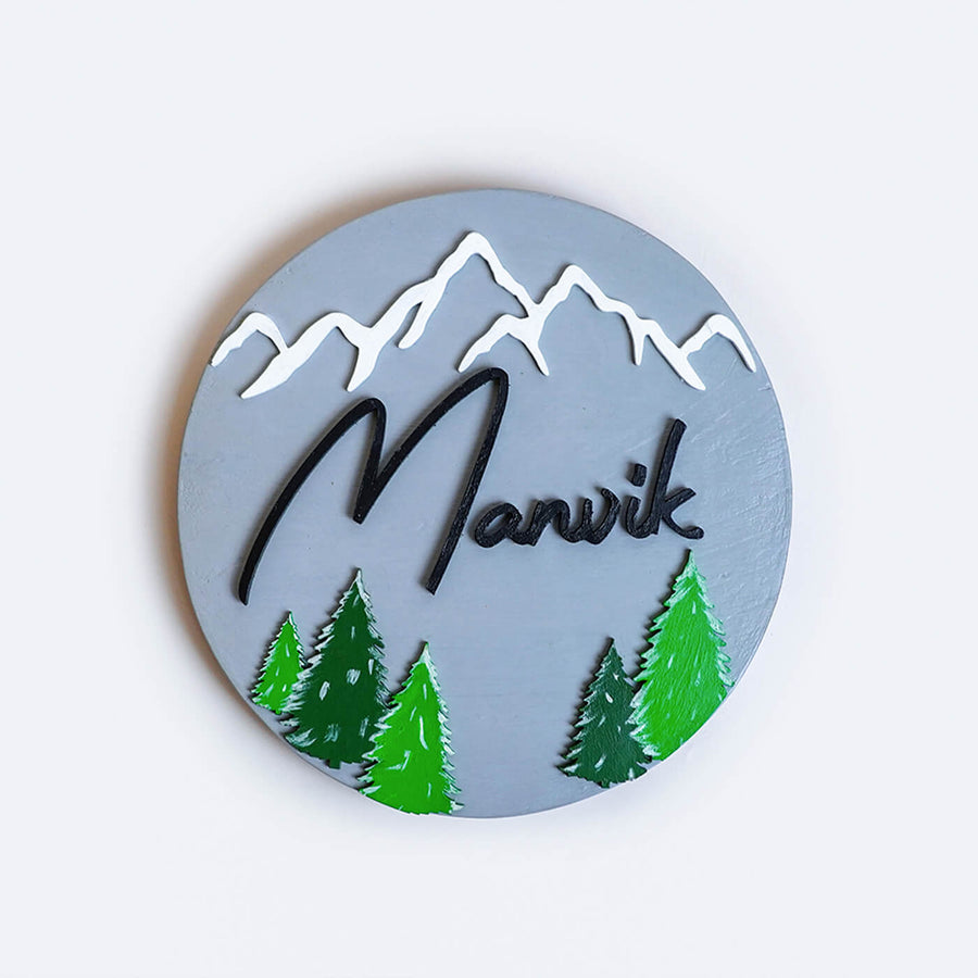 Handpainted Pine Mountain Wooden Kids Name Plate - Front View with Name Personalization