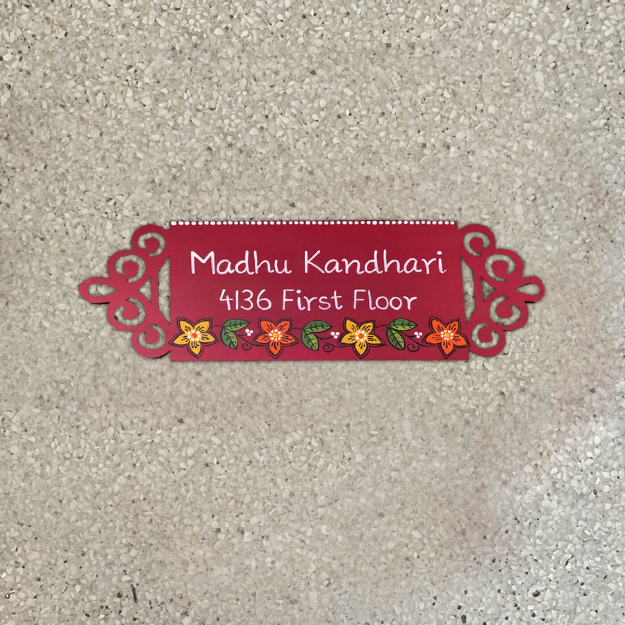 Small Rectangle Hand Painted Madhubani Art Name Plate 2 - Name Personalization Example on Door