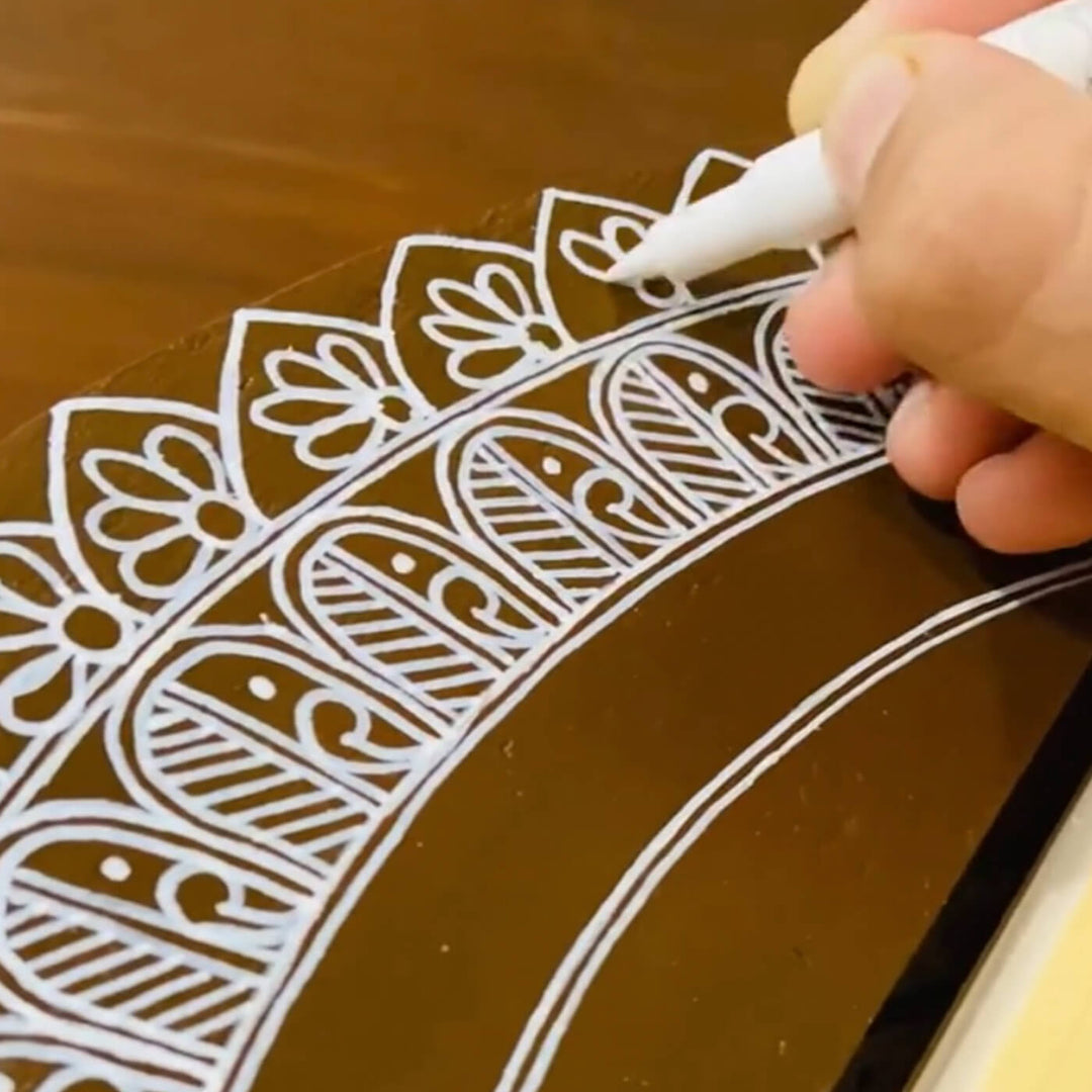 Handcrafted Personalized Mandala Round Pinewood Name Plate 4 - Close-up of Hand Drawing Pattern