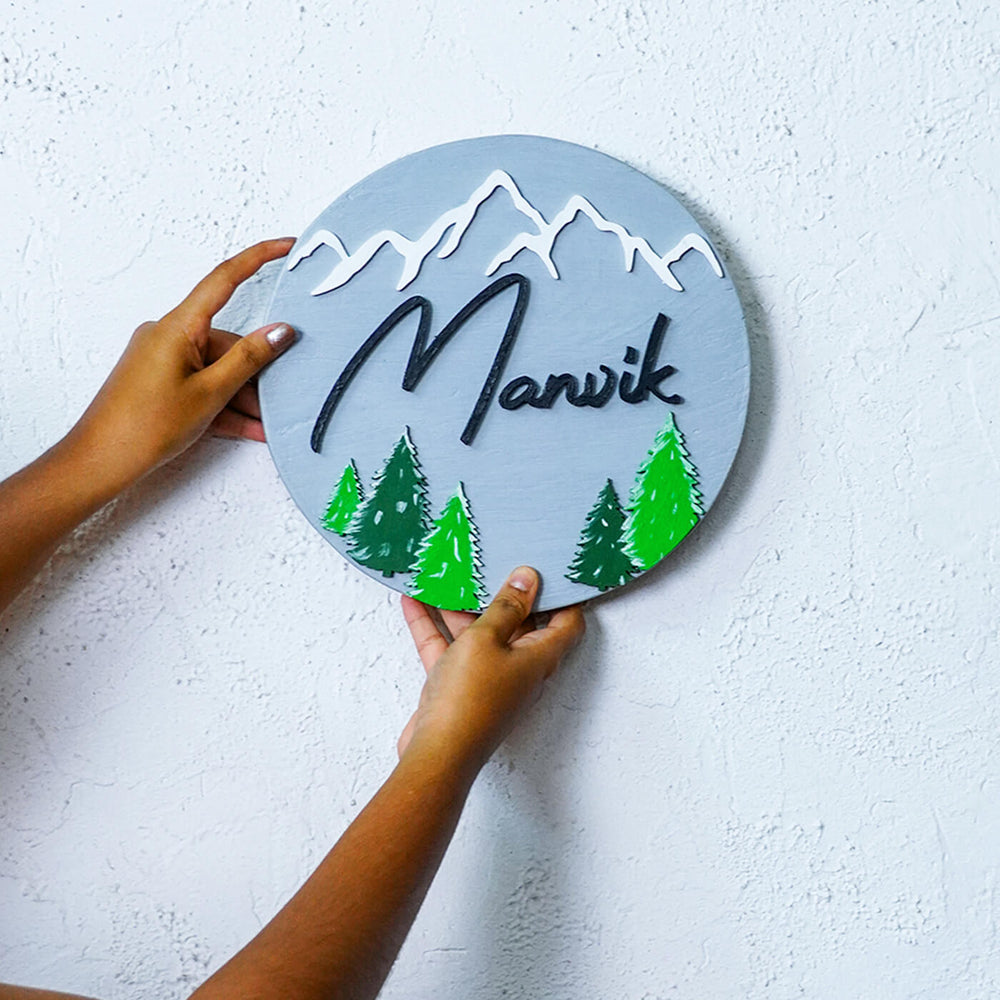 Handpainted Pine Mountain Wooden Kids Name Plate - Personalization Example Held by Hands