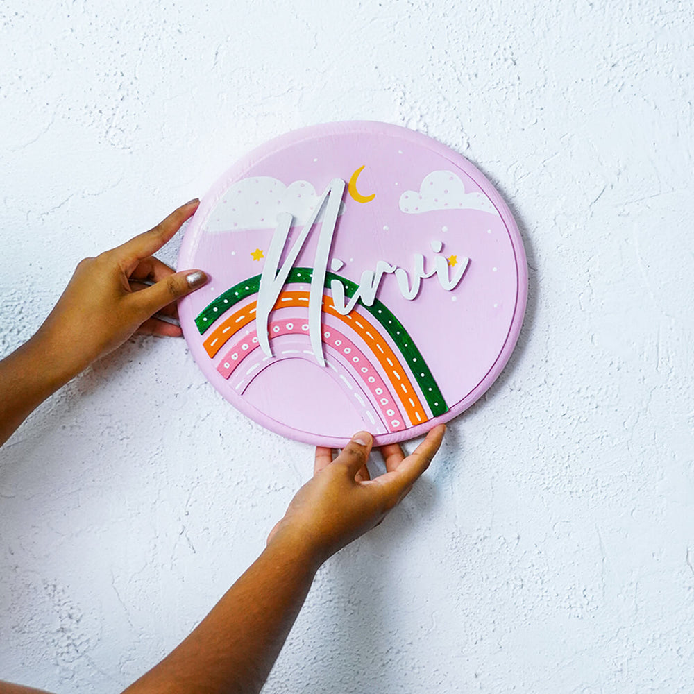 Handpainted Rainbow Wooden Kids Name Plate - Name Personalization Example Held by Hands