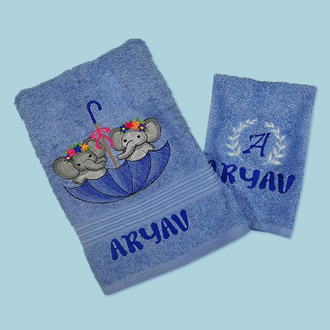 Embroidered Personalized Egyptian Cotton Kids Towel - Set of 2 | Elephants