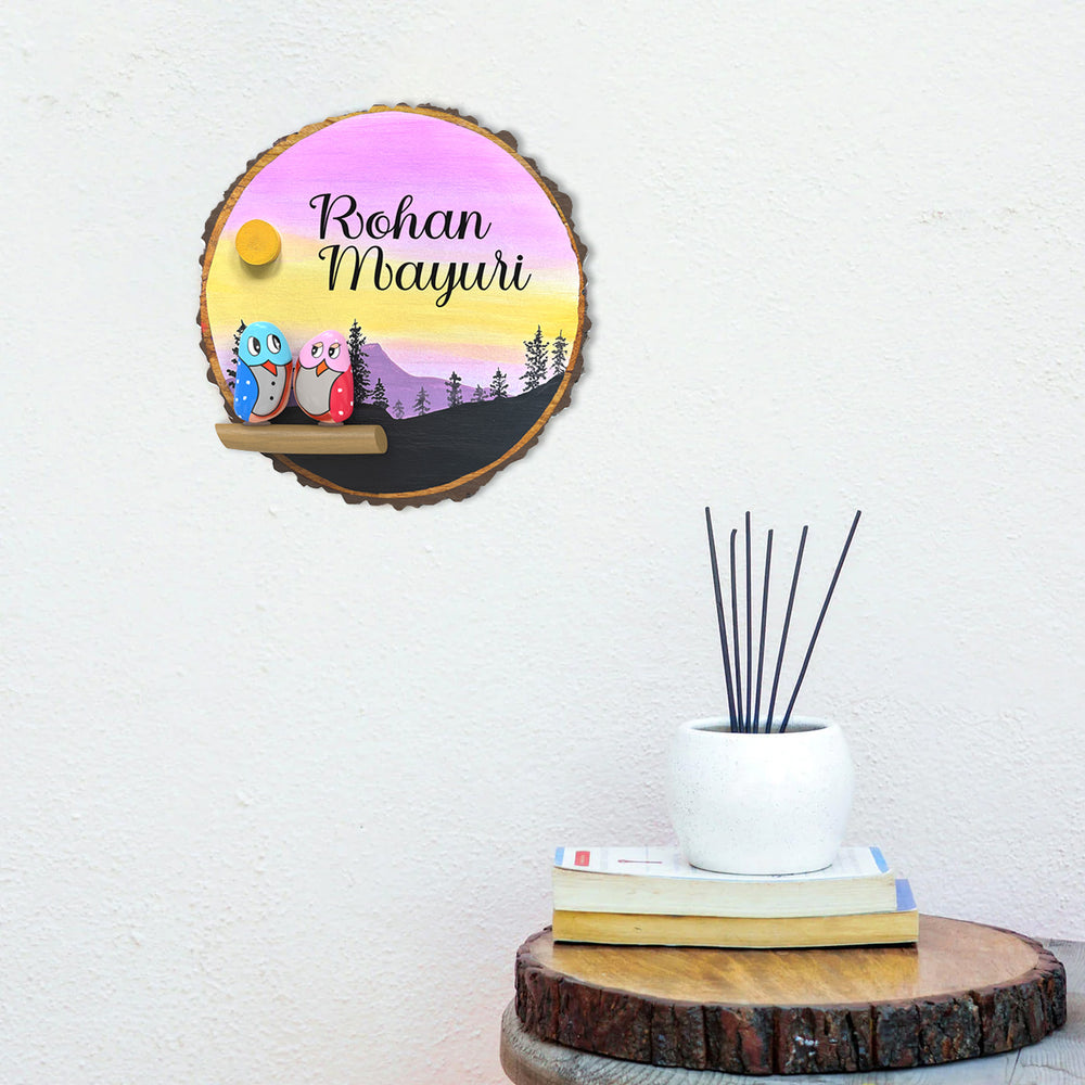 Hand Painted Pebble Art Owl Tree Bark Name Plate 1 - Name Personalization Example Mounted on Wall