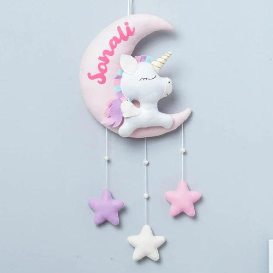 Handmade Personalized Felt Kids Name Hanging Baby Unicorn On Moon 2 - Name Personalization Example Front View