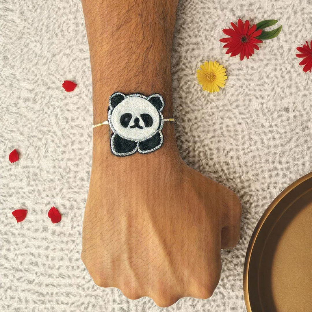Handmade Panda Felt Kids Rakhi - Worn on Wrist with Floral Decor
