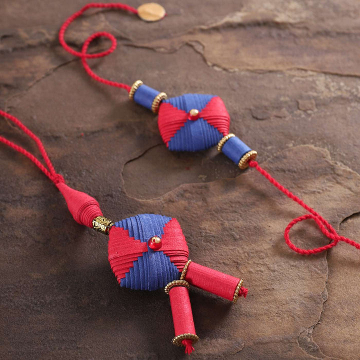 Handmade Beaded Paper Cushion Bhaiya Bhabhi Rakhi With Roli Chawal Set Of 2 - Close-up Detail View