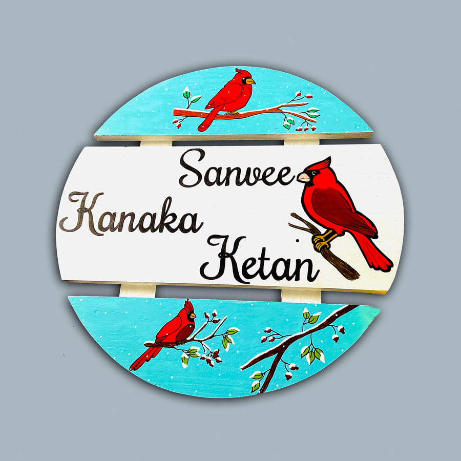 Handcrafted Personalized Red Cardinal Round Pinewood Name Plate - Front View with Name Personalization