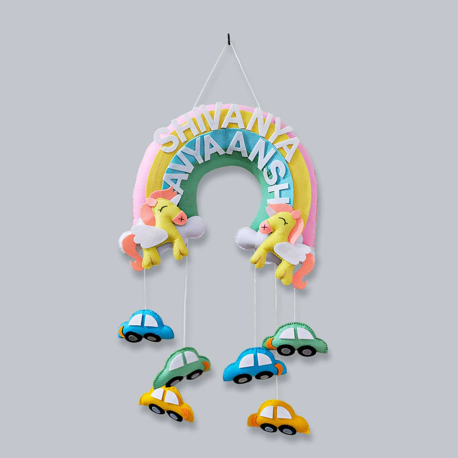 Personalized Unicorn And Cars Theme Felt Kids Name Plate For Siblings - Hanging Front View with Names