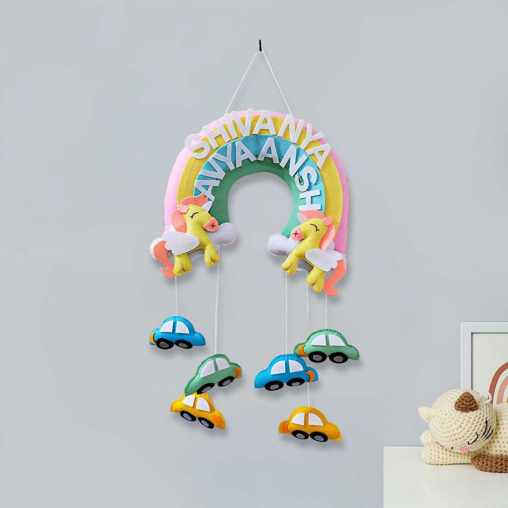 Personalized Unicorn And Cars Theme Felt Kids Name Plate For Siblings - Hanging Front View Showing Details