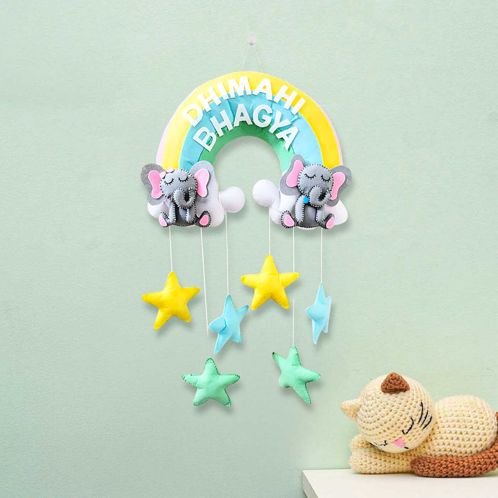 Personalized Elephant And Stars Theme Felt Kids Name Plate For Siblings - Hanging Wall Decoration Front View