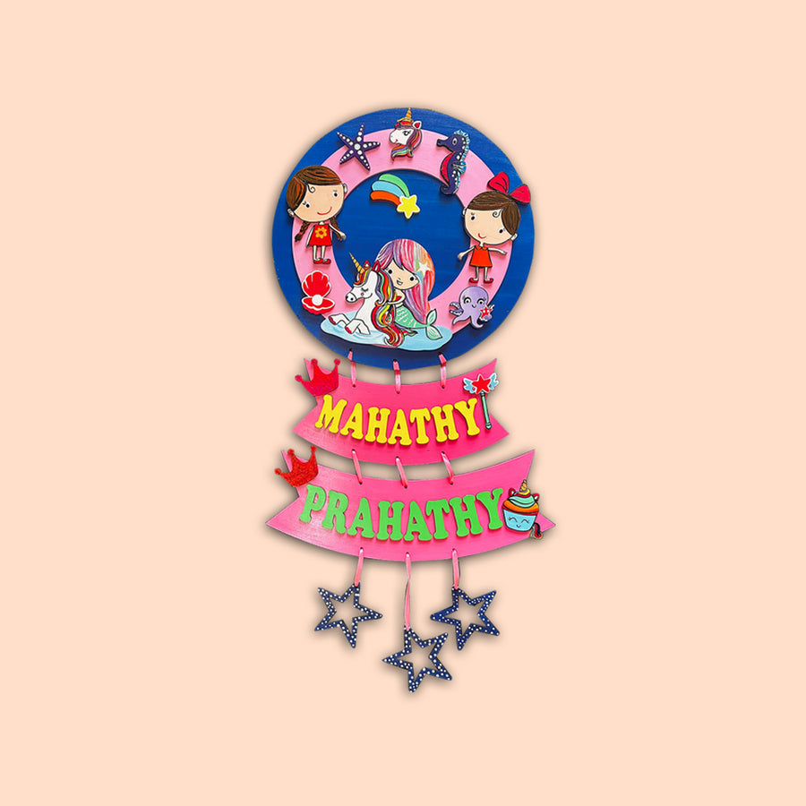 Hand Painted Personalized Sibling Name Plate 5 - Front View Hanging Name Sign