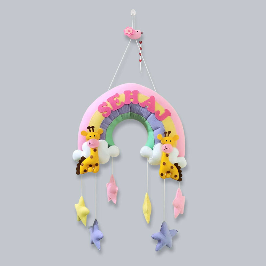 Personalized Giraffe Theme Felt Kids Name Plate - Hanging from Hook Showing Personalization