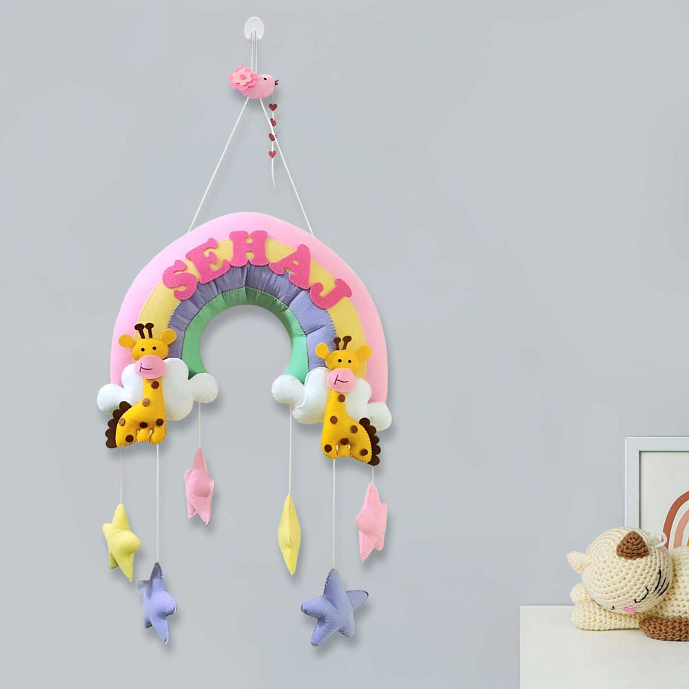 Personalized Giraffe Theme Felt Kids Name Plate - Hanging on Wall Hook Display