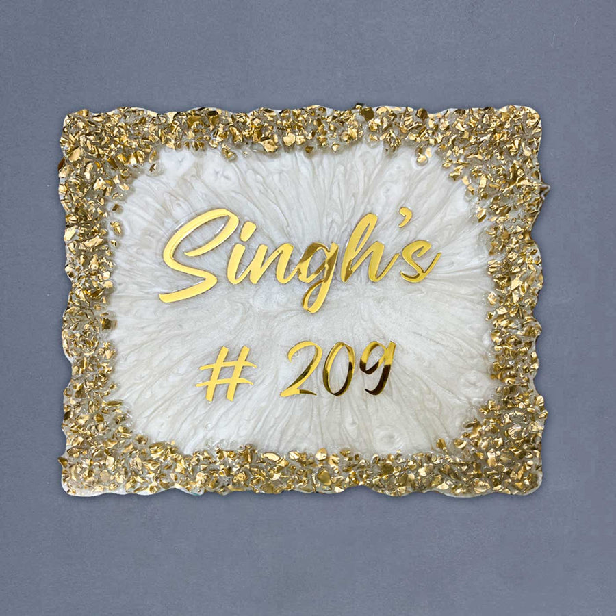 Personalized Resin White And Gold Crystals Theme Name Plate - Front View with Name Personalization