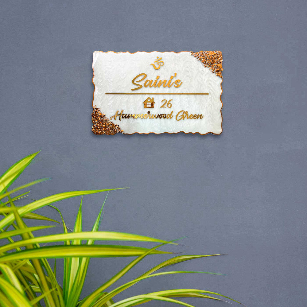 Personalized Resin Ganesha And Krishna Theme Name Plate - Mounted on Wall with Plant