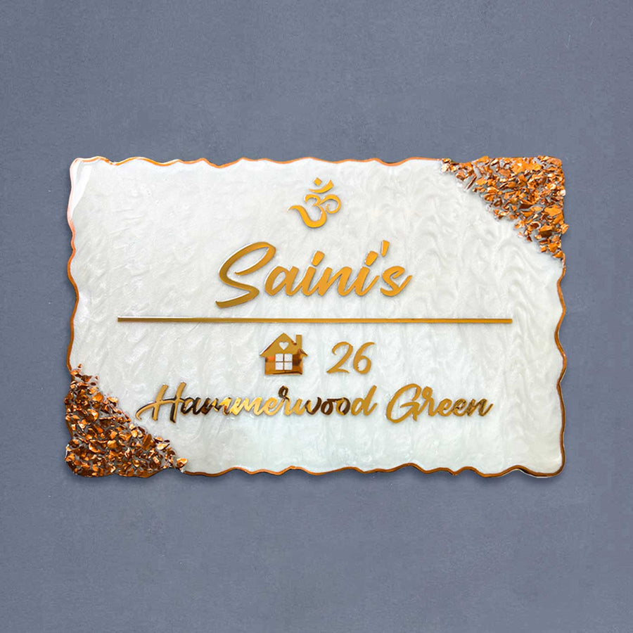 Personalized Resin Ganesha And Krishna Theme Name Plate - Front View on Flat Surface