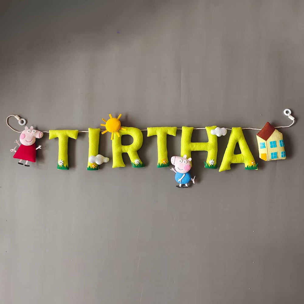 Hand Stitched Peppa Pig Themed Round Felt Kids Name Plate For Girls - Hanging Display with Characters and Letters