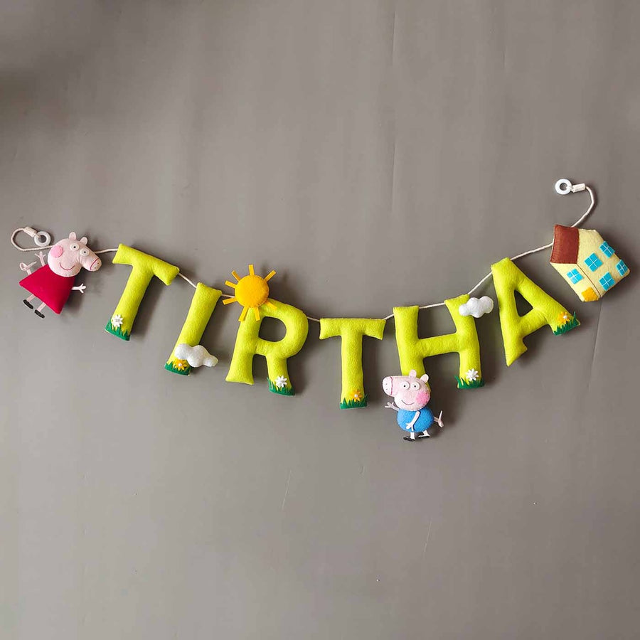 Hand Stitched Peppa Pig Themed Round Felt Kids Name Plate For Girls - Front View Hanging Garland Display