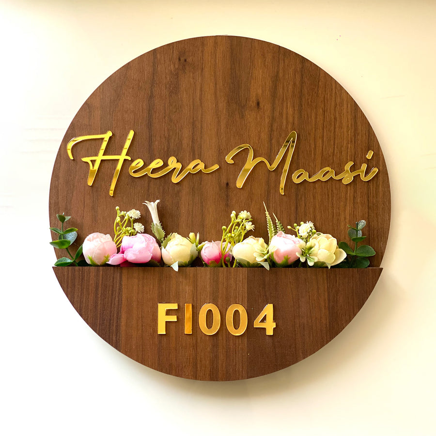 Personalised Wooden Flower Basket Name Plate 1 - Front View with Floral Decoration