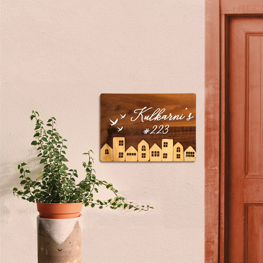 Personalised Wooden Rectangular House Name Plate 1 - Mounted on Exterior Wall near Door